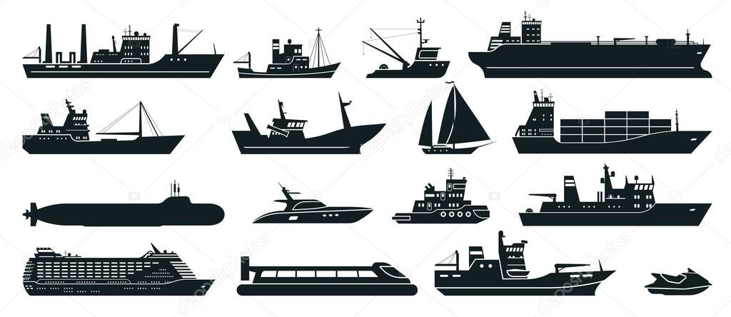 Ships silhouette. Cargo ship with shipping containers, tourist cruise ship, commercial fishing vessel, yacht. Water transportation vector set