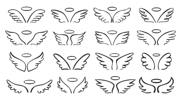 Sketch wing. Pair of angel wings with halo. Cute wide open angelic wing doodle, flying bird feathers outline tattoo sketch vector set — Wektor stockowy
