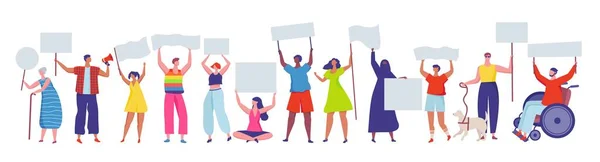 Protesting people. Diverse group of men and women participating in protest or demonstration. Protesters holding signs and placards vector set — Vector de stock