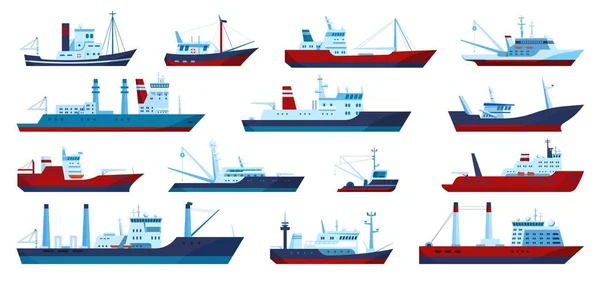 Fishing boats. Commercial fishing trawler yacht, fisherman ship, fisher boat. Flat marine fish catching vessels, sea transportation vector set — Stock Vector