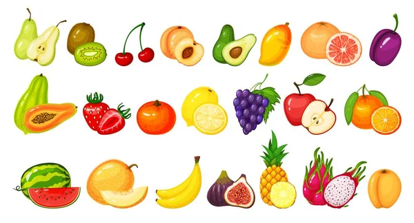 Cartoon fruit slices. Kiwi, dragon fruit, pomegranate, peach, apple, grape, mango, lemon, watermelon, orange. Ripe juicy fruits vector set — Stock Vector