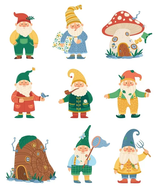 Garden gnomes. Fairytale dwarf elves characters and their houses. Cute mushroom elf house. Flat cartoon happy fairy tale gnomes vector set — Vector de stock