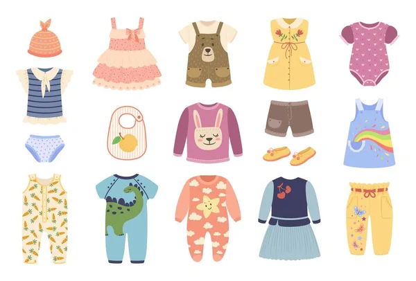 Des vêtements de bébé. Vêtements pour nouveau-nés. Cache-couche, barboteuse, pyjama, robe, chaussures. Ensemble vectoriel de vêtements et accessoires de mode enfant mignon — Image vectorielle