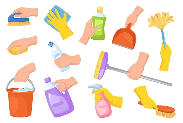 Cleaning tools in hands. Hand holding housekeeping equipment, broom, duster, detergent, scoop. Cartoon house cleaning supplies vector set — 图库矢量图片