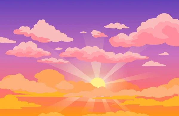 Sunset sky with clouds. Beautiful purple to yellow sky anime background with sunrays and pink fluffy clouds. Cartoon vector illustration — Vector de stock