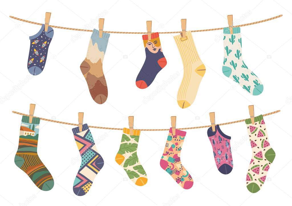 Socks on rope. Cotton sock with cute pattern hanging and drying on laundry ropes. Various funny socks with clothespins vector illustration