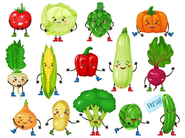 Rostlinné postavy. Roztomilá brokolice, rajčata, dýně, okurka, kukuřice, zelí s usměvavými tvářemi. Vtipná zelenina maskot znak vektor set — Stockový vektor