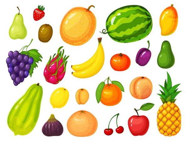 Frutas de dibujos animados. Limón, fresa, plátano, naranja, manzana, sandía, melocotón, piña, mango, uvas. Conjunto de vectores de frutas tropicales exóticas maduras — Vector de stock