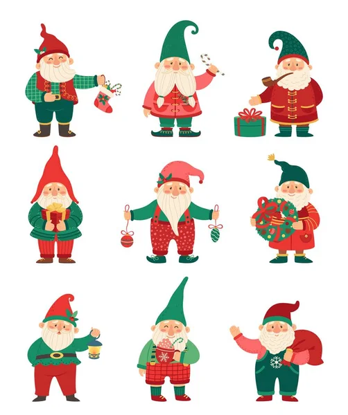 Des gnomes de Noël. Nains d'elfe mignons avec des éléments de vacances d'hiver cadeaux, chaussettes, baies de houx. Ensemble de vecteur de personnage de gnome de Noël dessin animé plat — Image vectorielle
