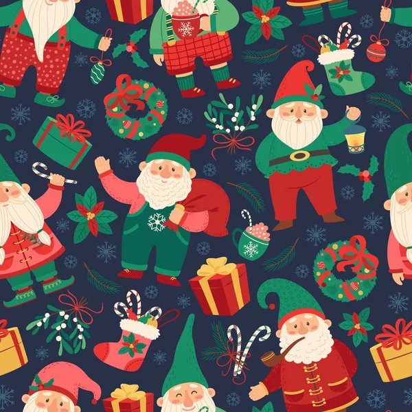 Рождественские гномы бесшовный узор. Милый эльф-карлик с подарками, носками, дверным венком. Зимний векторный фон для оберточной бумаги или текстиля — стоковый вектор