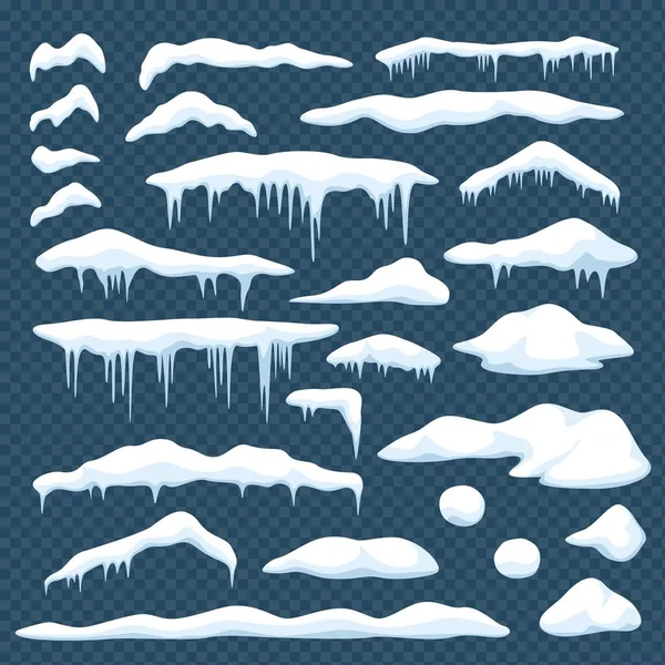 Neve dos desenhos animados. Janela ou teto bonés de neve com icicles, bolas de neve, snowdrifts. Natal quadro nevado, conjunto de vetor de elemento de decoração de inverno — Vetor de Stock