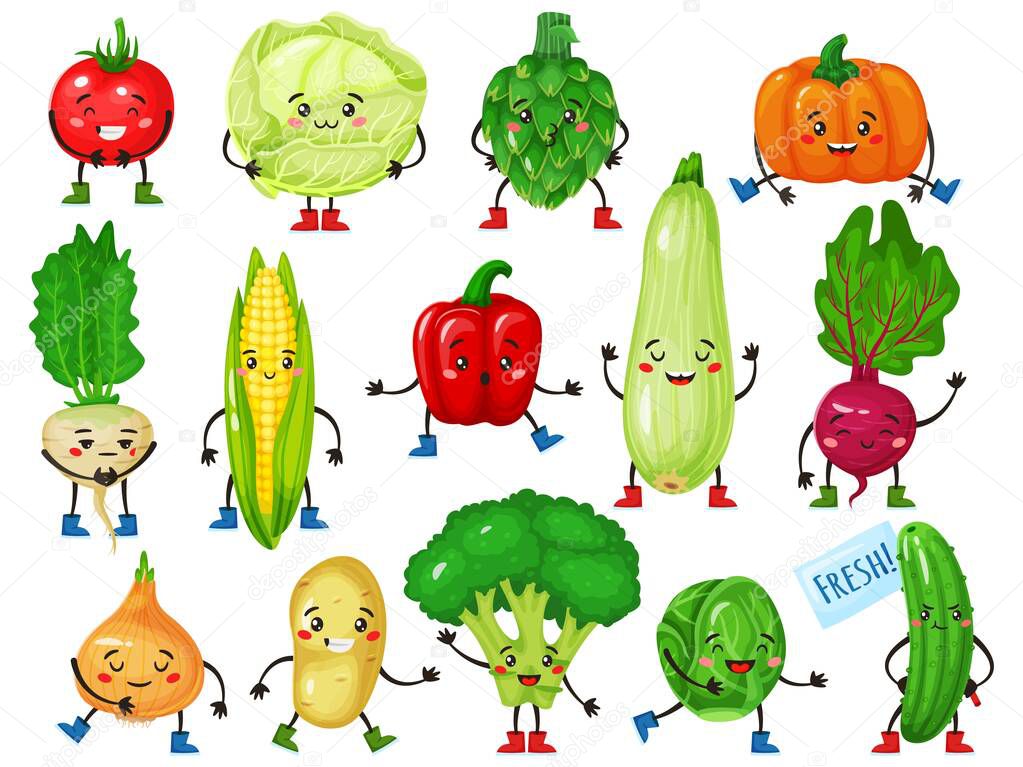 Vegetable characters. Cute broccoli, tomato, pumpkin, cucumber, corn, cabbage with smiling faces. Funny vegetables mascot character vector set
