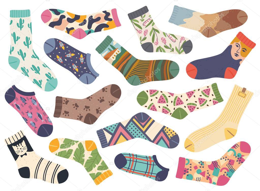 Socks. Cute fashionable socks with various cute trendy designs and patterns. Stylish cotton sock, fashion clothes accessories vector set