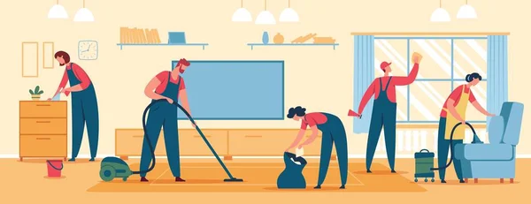 Limpieza profesional del hogar. Equipo de limpiadores haciendo limpieza, aspirando piso y muebles. Servicios de limpieza casa limpia vector ilustración — Vector de stock