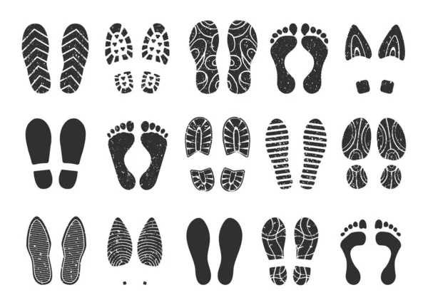 Footprints steps, sneaker or boot shoe print, human footprint. Shoes soles prints, barefoot, grunge foot imprint, footstep silhouette vector set — Stock Vector