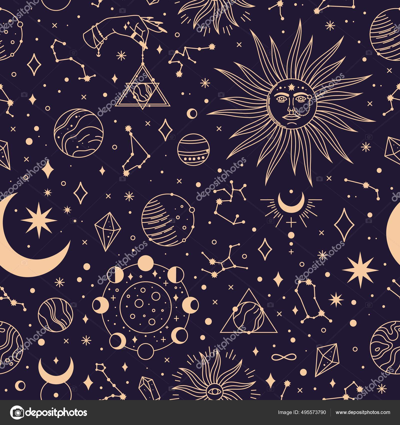 Patrón sin fisuras de astrología con constelaciones, planetas y estrellas.  Galaxia espacial, noche estrellada tela textil impresión vector fondo  Vector de stock #495573790 de ©vatruska, image size:1600x1700