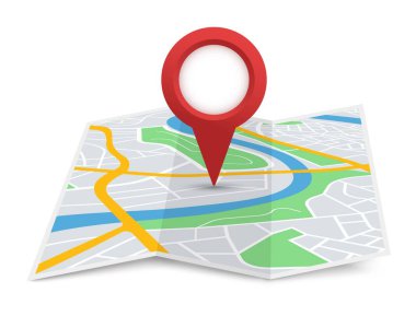 Hedefi işaretli katlanmış şehir haritası, GPS navigasyonu. Üç boyutlu kağıt sokak haritalarında kırmızı nokta işareti. Turist yeri navigatör vektör işareti