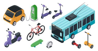 Isometric çevre dostu ulaşım, kişisel elektrikli araçlar. Bisiklet, scooter, araba, tek tekerlekli bisiklet. Çevre dostu araç vektörü ayarlandı