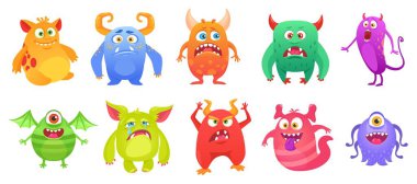 Komik yüzlü sevimli canavar karakteri. Tuhaf canavarlar, çirkin korkunç troller, dost canlısı uzaylılar, ya da hayalet yaratık maskotu vektörü.