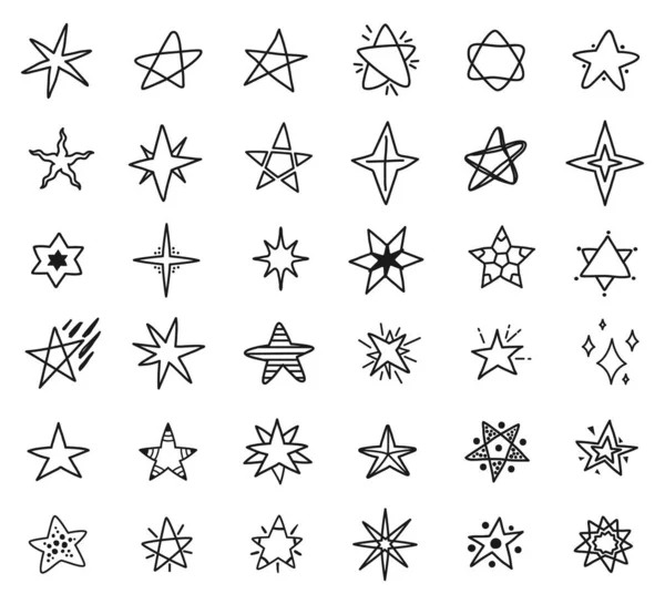 Dibujos de garabatos de estrellas, dibujos de estrellas dibujados a mano. Simple lindo estrellas, destellos o starbursts elementos para niños textiles o patrones vector conjunto — Archivo Imágenes Vectoriales