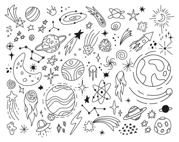 Garabatos espaciales, estrellas lindas y planetas bosquejo dibujos. Nave espacial dibujada a mano, ovni, planeta, galaxia, luna, asteroide. Astrología doodle vector conjunto — Vector de stock