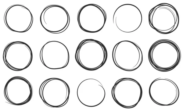 Cercles dessinés à la main, pinceau circulaire gribouillis. Scribble cercle, cadre rond crayon, croquis bulle dessin vecteur ensemble — Image vectorielle