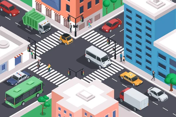 Isometric city crossroad with cars, road intersection traffic jam. Urban downtown street with transport and people vector illustration — Stock Vector