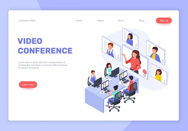 Isometric webinar, video conference or meeting, online business training. Businesspeople talking to colleagues in video call vector landing page — Stock Vector