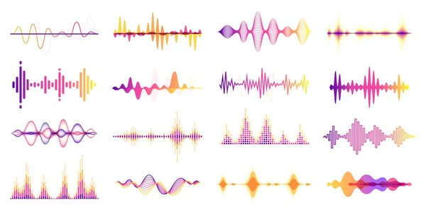 Colorful sound waves, audio frequency graph, voice wave. Abstract soundwave, futuristic radio signal frequency, studio equalizer vector set — Stock Vector