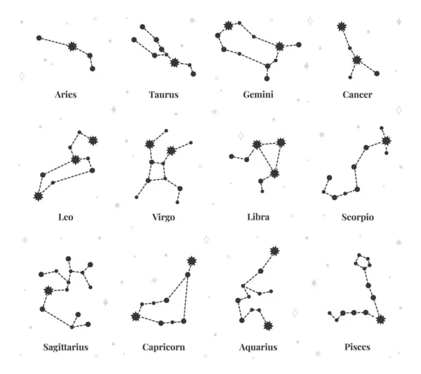 Zodiaku znak konstelacji, astrologia horoskop gwiazdy symbole. Wodnik, leo, gemini, strzelec, ryba. Zestaw wektorów znaków konstelacji — Wektor stockowy