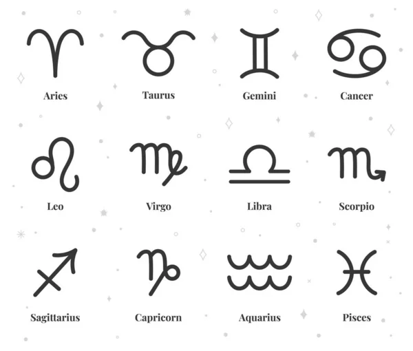 Zodiákus jel ikonok, asztrológiai horoszkóp szimbólumok, asztrológiai jelek. Halak, Vízöntő, Mérleg, Sagittarius, Bak, aries vektor ikon készlet — Stock Vector