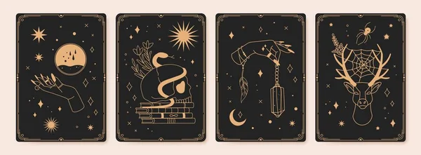 Cartas de tarô espirituais mágicas com símbolos ocultos místicos. Vintage gravado boho cartão de tarô esotérico com cristais, estrelas, conjunto vetor lua — Vetor de Stock