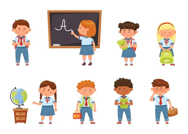 Cartoon schoolkinderen in uniform, basisleerlingen met rugzakken. Leuke leerlingen in het bezit van boeken, kinderen op eerste schooldag vector set — Stockvector