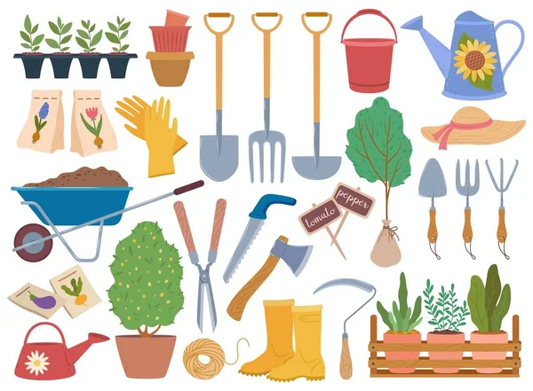 Gartengeräte, Gartengeräte und Pflanzen. Gießkanne, Handschuhe, Schubkarre mit Erde. Vektorset für Gartenbauelemente — Stockvektor