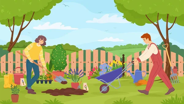 Jardiniers prenant soin du jardin, homme et femme avec des outils de jardinage. Jardinier creuser, planter des fleurs dans le jardin illustration vectorielle — Image vectorielle