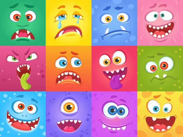 Мультфильм смешные лица монстра в квадратах, милые персонажи монстров. Жуткое лицо на Хэллоуин, существа с различными эмоциями — стоковый вектор