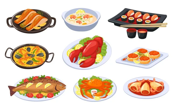 Cartoon seafood dishes, asian food and cuisine. Sushi, lobster, salmon, shrimp soup, baked fish. Delicious festive seafood dish vector set