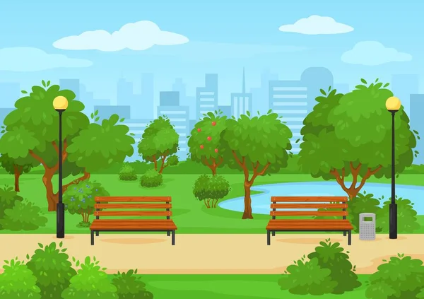 Cartoon public city park with green trees, benches and lake. Summer outdoor scenery urban park nature landscape vector illustration — Stock Vector