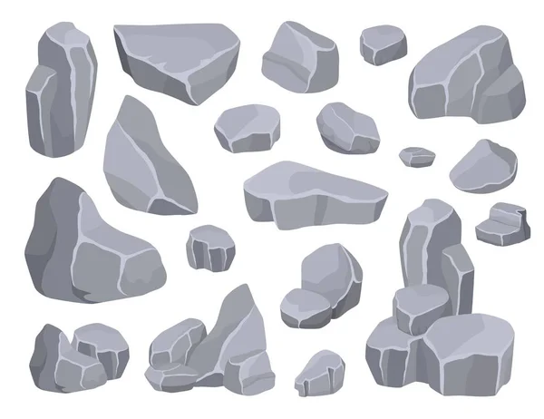 Cartoon stenen, grijze bergkliffen en rotsblokken. Diverse maten rotsformatie, mineraal puin, gebroken betonnen stapel vector set — Stockvector