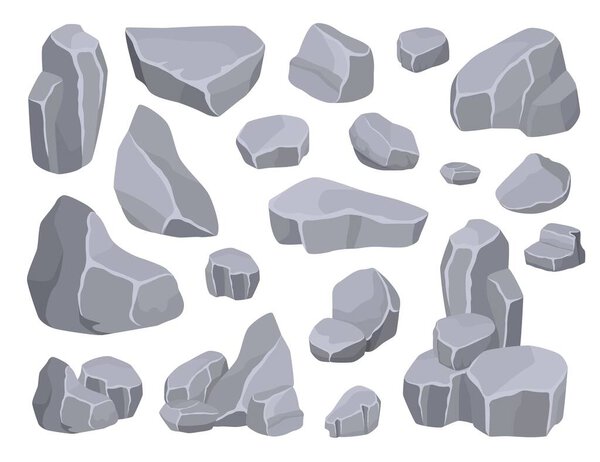 Cartoon rock stones, gray mountain cliffs and boulders. Various sizes rocks formation, mineral debris, broken concrete pile vector set