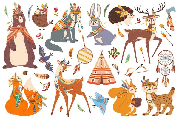 Lindos animales tribales del bosque, animales forestales de la tribu boho. Fox, búho, lobo, oso, personajes de ciervos con elementos étnicos indios americanos vector conjunto Vector De Stock