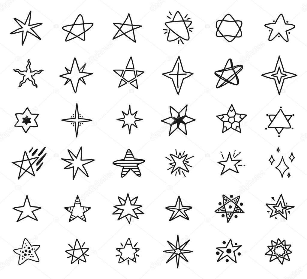 Stars doodle drawings, hand drawn star sketches. Simple cute stars, sparkles or starbursts elements for kids textile or patterns vector set