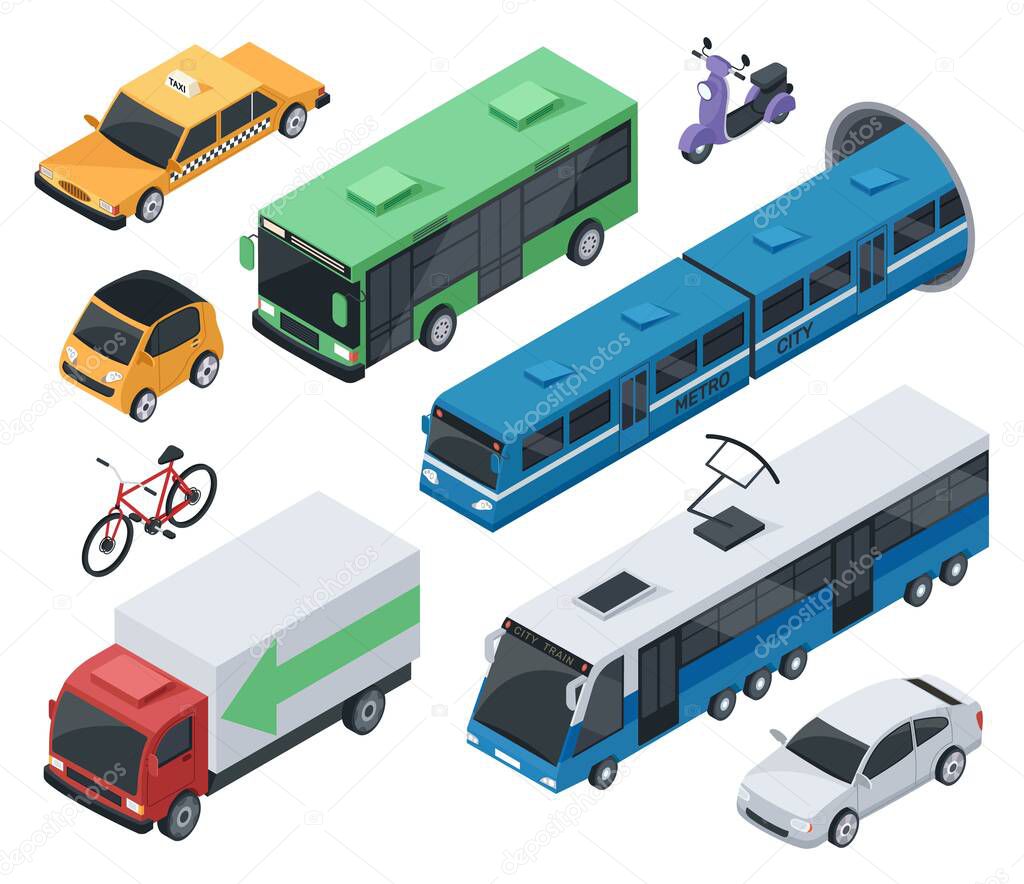 Isometric city vehicles and public transport car, train, bus. Urban transportation bike, motorcycle, taxi, cargo truck 3d vector set