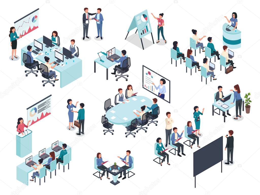 Isometric business training or coaching, office conference meeting. Businessman giving presentation, business education seminar vector set