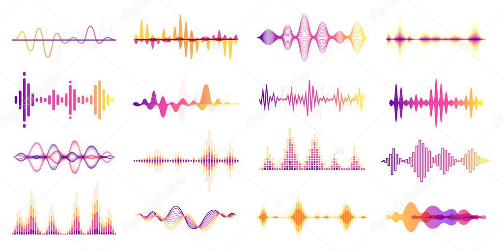Colorful sound waves, audio frequency graph, voice wave. Abstract soundwave, futuristic radio signal frequency, studio equalizer vector set