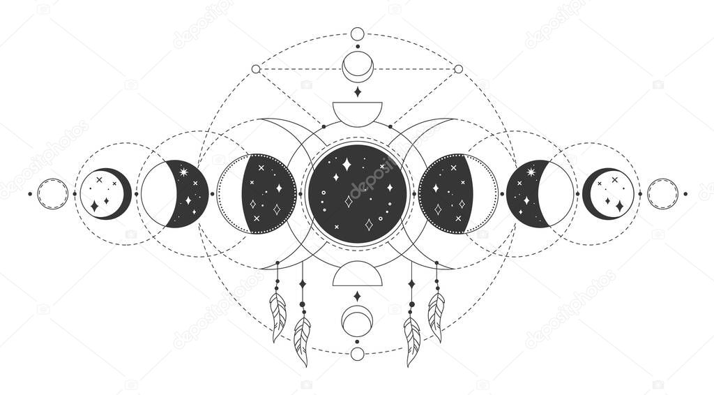 Magic moon phases, mystical sacred lunar phase. Occult astrology tattoo drawing with esoteric geometric elements vector illustration