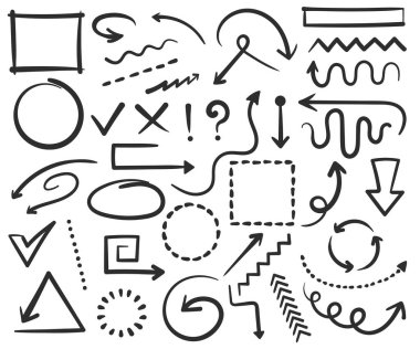 Karalama okları, çerçeveler, el çizimi daireler, kare şekiller. Çizim oku, sınır, çerçeve, işaretleme işareti, işaretleme çizim vektörü