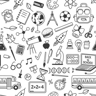 Okul kırtasiye malzemeleriyle kusursuz bir desen çiziyor. El çizimi bilim, matematik, coğrafya öğeleri. Çocuk okulu eğitim vektör geçmişi