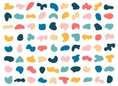 Soyut sıvı şekiller, organik rastgele kabarcıklar, sıvı elementler. Renkli baloncuk, benek, damla. Düzensiz yuvarlak geometrik şekil vektör kümesi