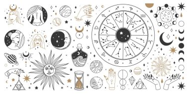 Mistik astroloji, boho semavi ve büyülü okült elementler. Kutsal mistik ay, güneş, yıldız, burç sembolleri ve takımyıldız vektörü kümesi